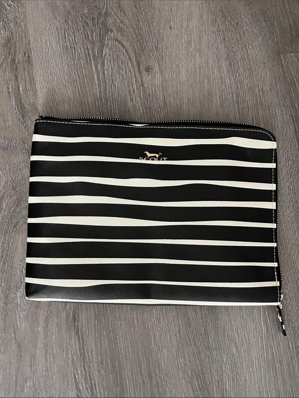 Scout Black and White Striped Zip Pouch with Gold Logo